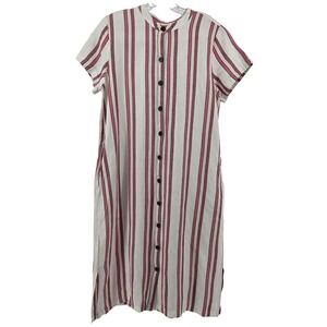 LOFT Striped Linen Blend Midi Shirt Dress 12 Pink Red White Button Front Coastal